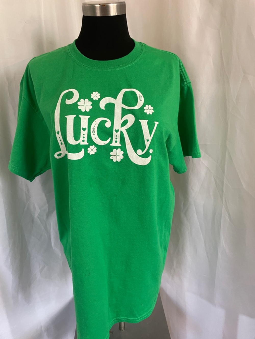 Green "Lucky" Graphic Tee  Large Pit to Pit 20” L 29”, 50% Cotton 50% Poly